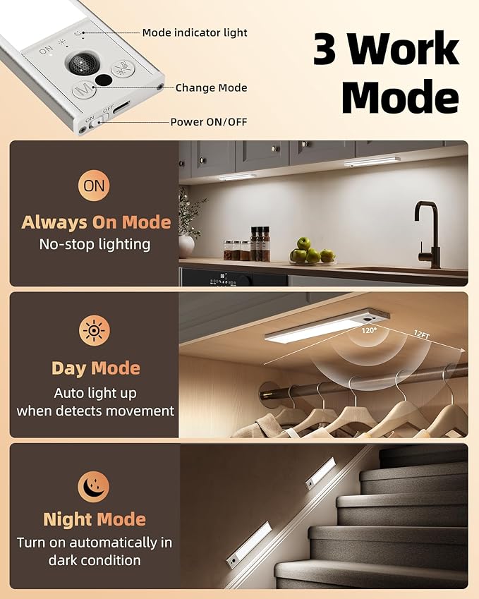 EZVALO 14.5inch Under Cabinet Lighting, Rechargeable Motion Sensor Light Indoor with 3 Color Temperatures, Dimmable & Magnetic Closet Lights, Wireless Under Counter Lights for Kitchen, Stairs (2 Pack)