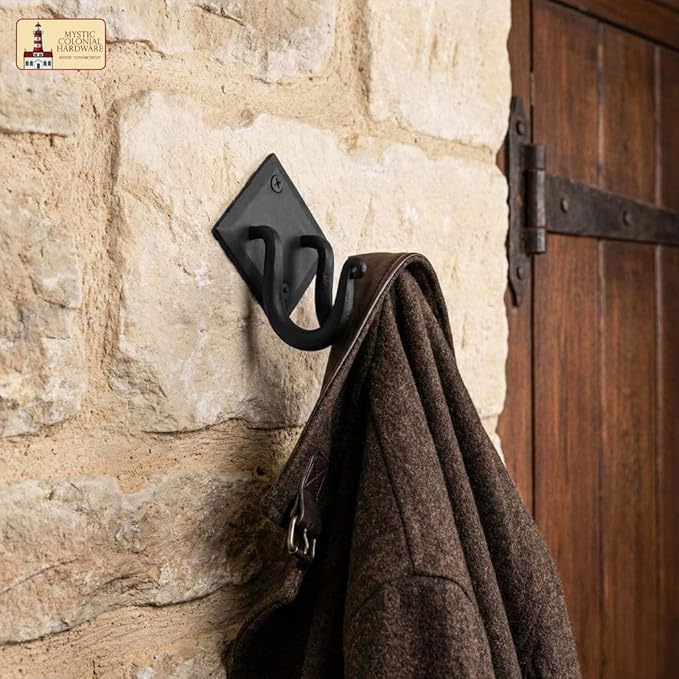 Mystic Colonial Rustic Hand Forged Iron Wall Hook with Two Hangers: Ideal for Victorian, Colonial, Retro, Steampunk, Gothic, and Baroque Settings 8.8 cm Black Pack of 1