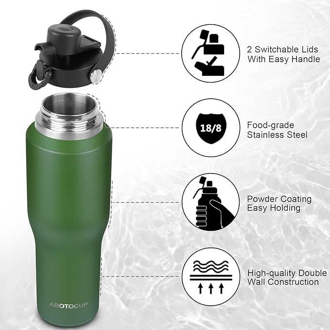 ABOTOCUP 32oz Water Bottle Insulated with Powder Coated, Fit in Any Car Cup Holder, Water Bottles with Straw and Spout Lids, Stainless Steel Insulated Double Wall Leak-proof BPA Free to Keep Cold&Hot