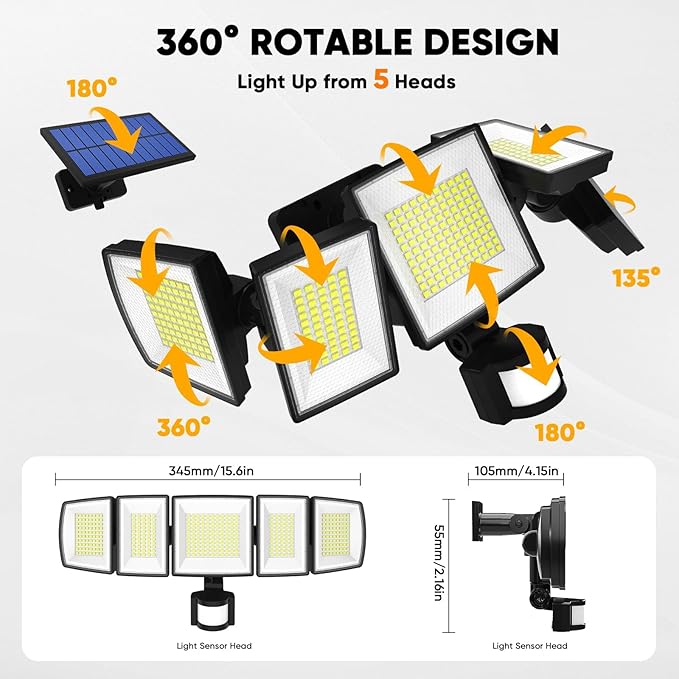Solar Motion Lights Outdoor - With 16.4ft Cable, 3000LM LED Security Lights for Outside Dusk to Dawn, 2400mAh IP65 Waterproof Flood Lights with Remote for Court Yard Garage Front Door (Classic, 4)
