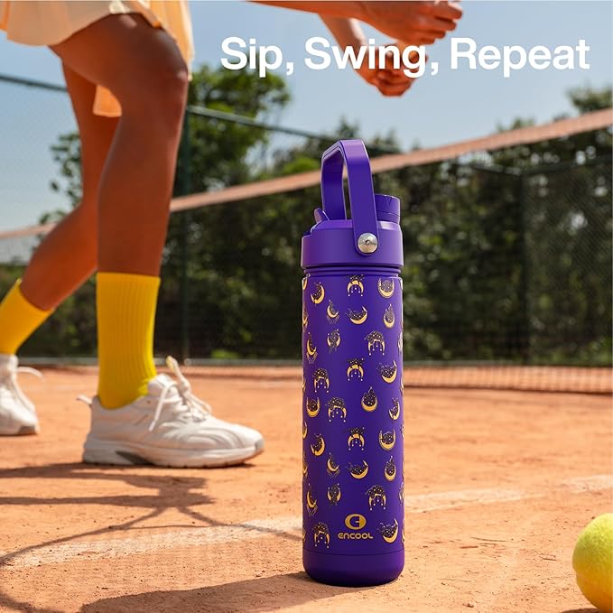ENCOOL Insulated Water Bottle with Straw Stainless Steel Water Bottle, Leak-Proof, BPA-Free, Double Wall Vacuum Keeps Cold for 24 Hours for Sports, Travel, School (26 oz, Moonlit Cat)