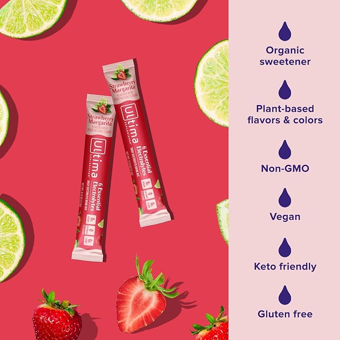 Ultima Replenisher Daily Electrolyte Powder – Strawberry Margarita, 16 Stickpacks – Zero Sugar Hydration Packets with 6 Key Electrolytes and Trace Minerals – Sugar Free & Keto Friendly Drink Mix