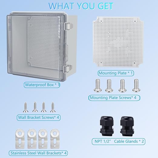IP67 Waterproof Junction Box, ABS Plastic Electrical Enclosure with Stainless Steel Latch, Hinged Cover Electric Box with Mounting Plate, Wall Brackets & Cable Glands 210x210x100