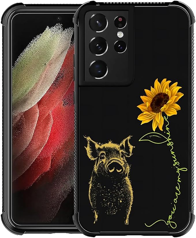 for Samsung Galaxy S21 Ultra Case, Pig Sunflower Yellow Sunshine Pattern Graphic Design Girl Boy Soft Silicone Hard Acrylic Shock Protection for Samsung Galaxy S21 Ultra
