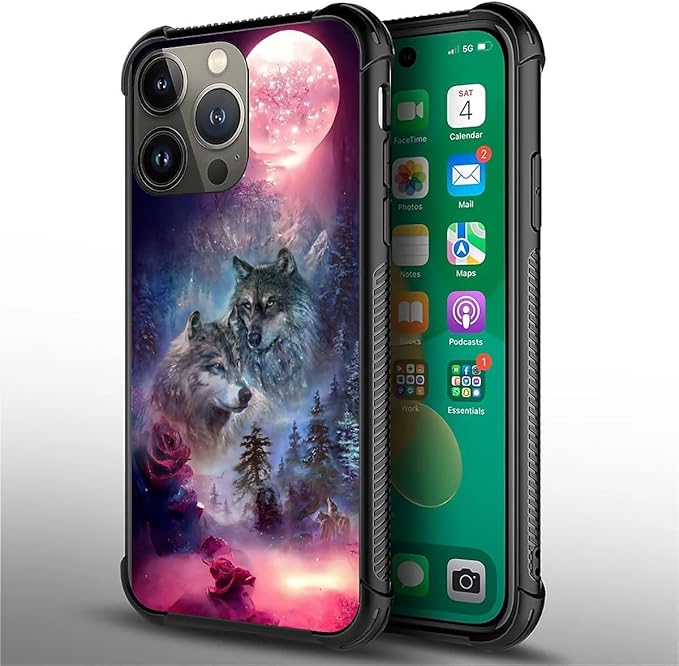 for iPhone 14 Pro Max Case, Star Two Wolfs Howling Pattern Graphic Design Girl Boy Soft Silicone Hard Acrylic Shock Protection for iPhone 14 Pro Max
