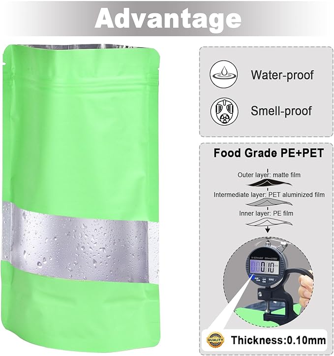 4"x6" 120pcs Mylar Bags for Food Storage,Smell Proof Bag with Matte Window Resealable Food Storage Bags for Small Business, Stand-up Foil Pouch Packaging Freeze Dried Candy Bag(Light Green)
