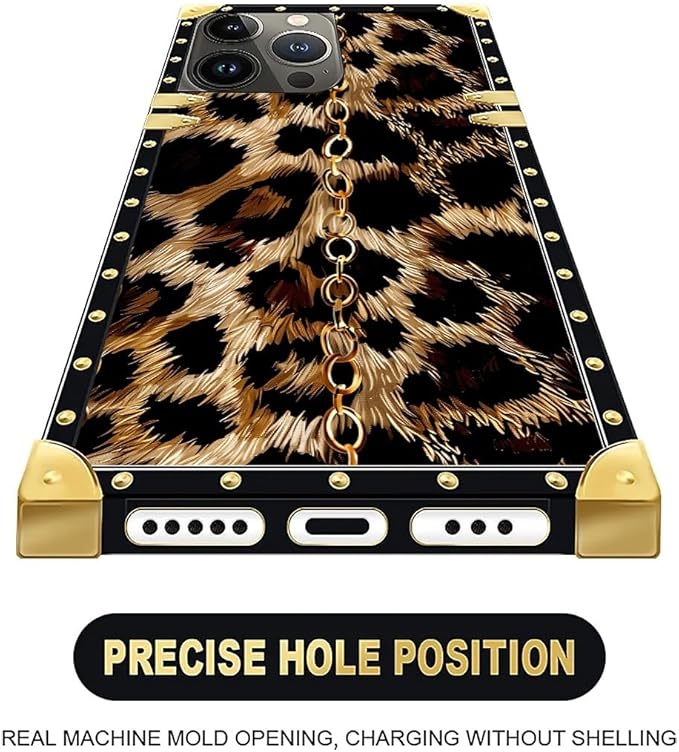 Compatible with iPhone 16 Pro Max Case, Seamless Gold Chain Leopard Luxury Golden Decoration for Girl Women Soft TPU Shockproof Protective Hard PC Back