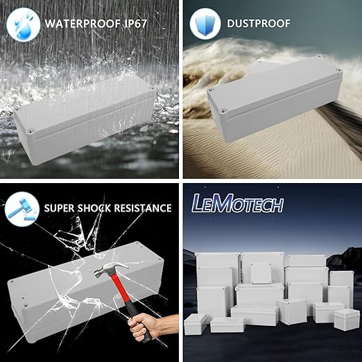 LeMotech IP67 Waterproof Junction Box ABS Plastic Project Box Dustproof Electrical Box Outdoor Enclosure for Electronics DIY Case Gray 9.8X 3.1x 3.3 inch (250x 80x 85 mm)