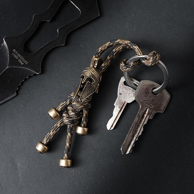 Paracord Keychain with Retro Brass Helmet Bead - Tactical EDC Accessory for Men