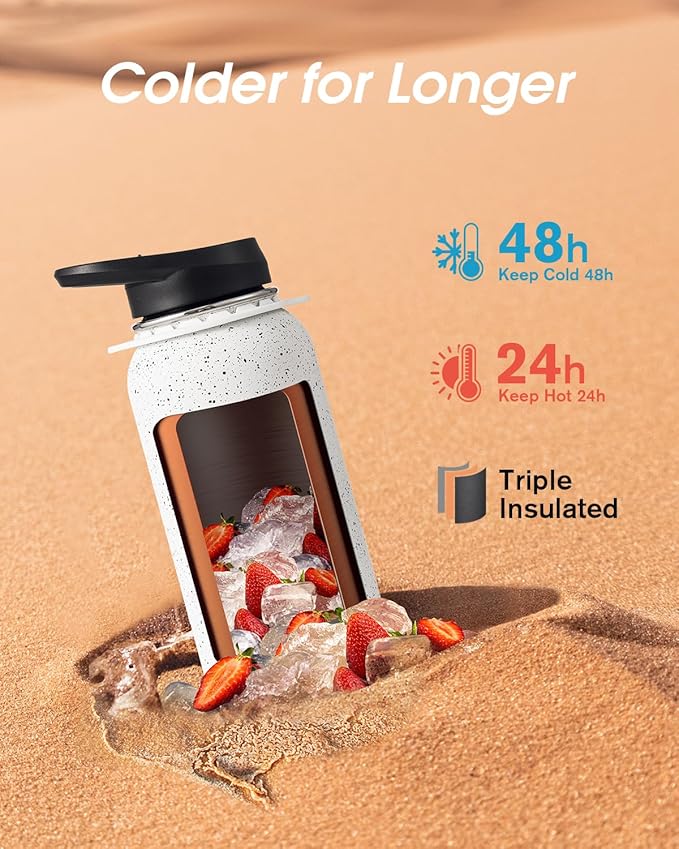 Coolflask Water Bottle with Straw, 40 oz Insulated Metal Water Flask with Straw & Spout Lids, Stainless Steel Double Wall Vacuum, Keep Cold 48h Hot 24h, Leak Proof, BPA-Free, Arctic White
