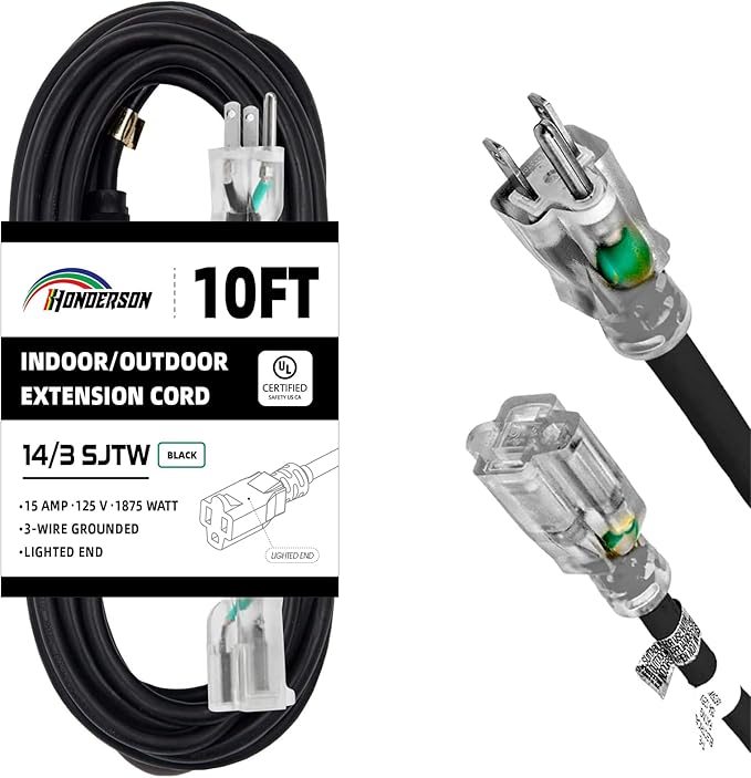 Indoor Outdoor Extension Cord Weatherproof with Lighted End, UL Certified, 14 Gauge 10FT Black 3 Prong Heavy Duty, 14/3 SJTW 15A Power Cord for Outdoor Lights, Lawn