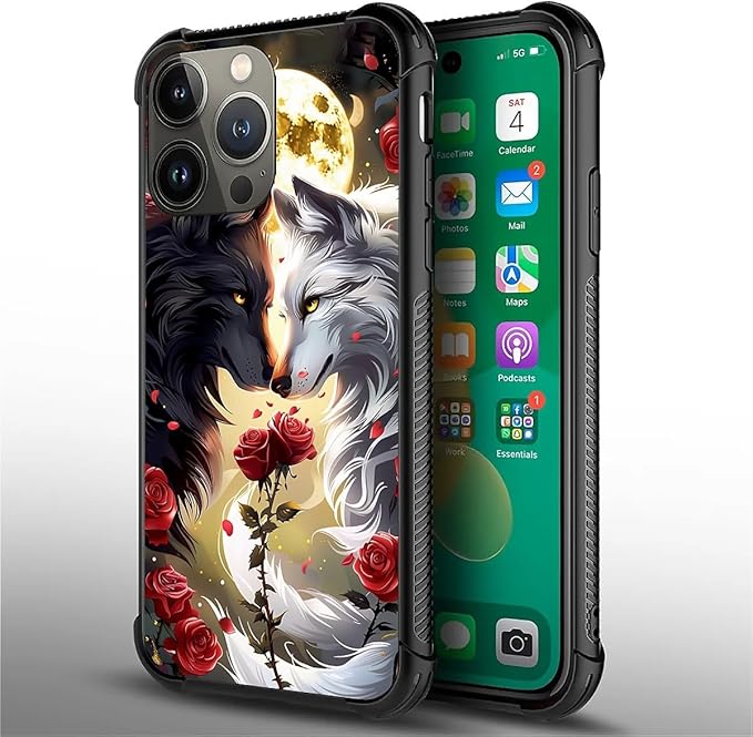 for iPhone 13 Pro Max Case, Black White Wolf Moon Flower Rose Pattern Graphic Design Girl Boy Soft Silicone Hard Acrylic Shock Protection for iPhone 13 Pro Max
