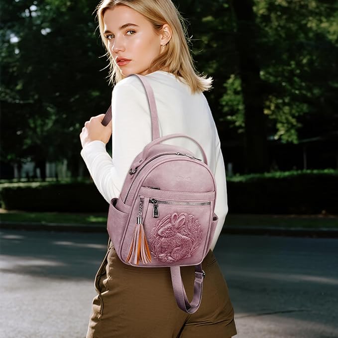Mini Backpack Purse for Women,Embossed Leather Small Backpack Fashion Travel Backpacks Daypacks Shoulder Handbag (PURPLE-Rabbit)