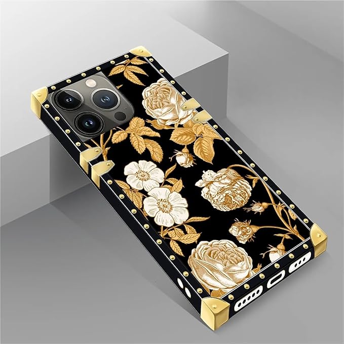 Compatible with iPhone 14 Pro Case, Blooming Rose Golden Flower Luxury Golden Decoration for Girl Women Soft TPU Shockproof Protective Hard PC Back for iPhone 14 Pro