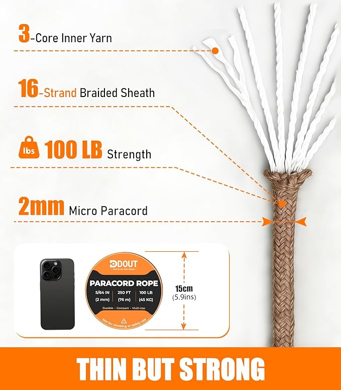 DDOUT 2mm Paracord 100lb, Thin Micro Paracord Rope, Tan 250FT Nylon Cord for Crafting, DIY Projects, Fishing, Camping & Outdoor