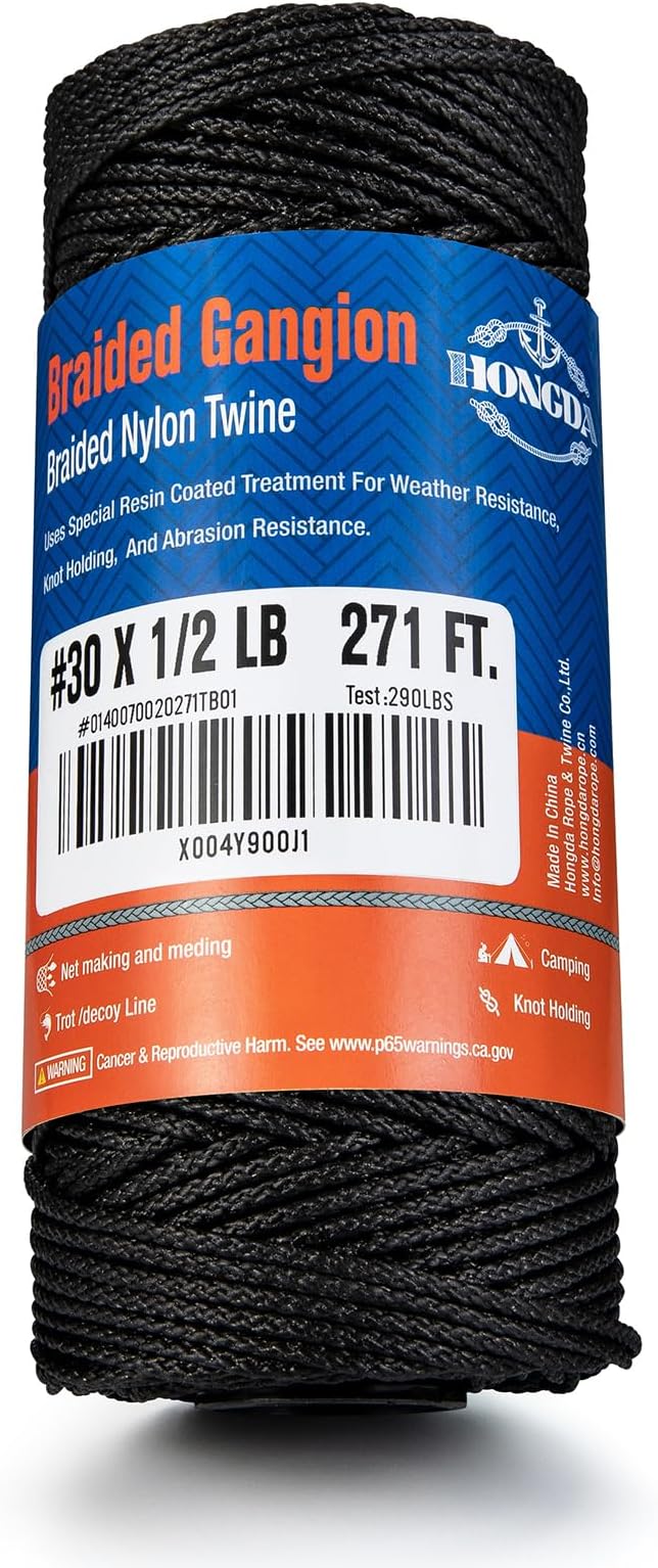 HONGDA Braided Black Nylon String, #30 Tarred Bank Line Twine, 271 Feet Black Tarred String for Gardening, Construction, Gear Tying, Jungle Survival