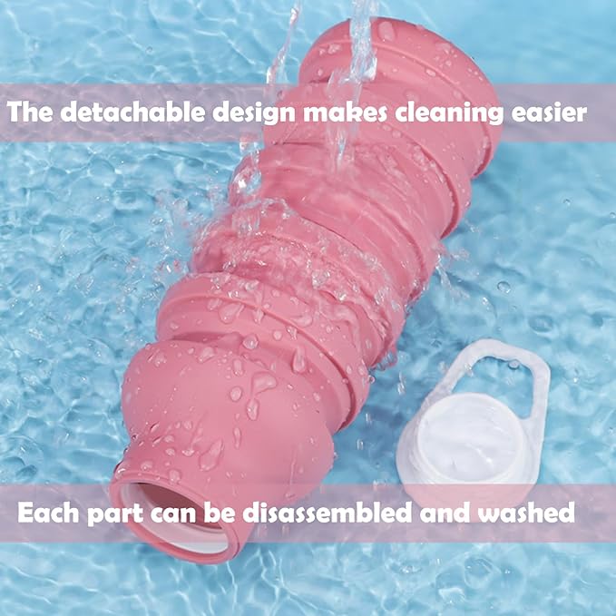 Collapsible Silicone Water Bottle - 20oz Foldable, Leakproof, BPA-Free - for Gym, Travel & Daily Use (Pink)