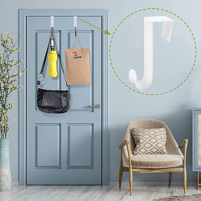 Over The Door Hooks, 10 Pcs Plastic Over The Door Hooks Hangers Durable Cabinet Door Hooks Organizer White Door Hooks for Bathroom, Bedroom, Kitchen (White)