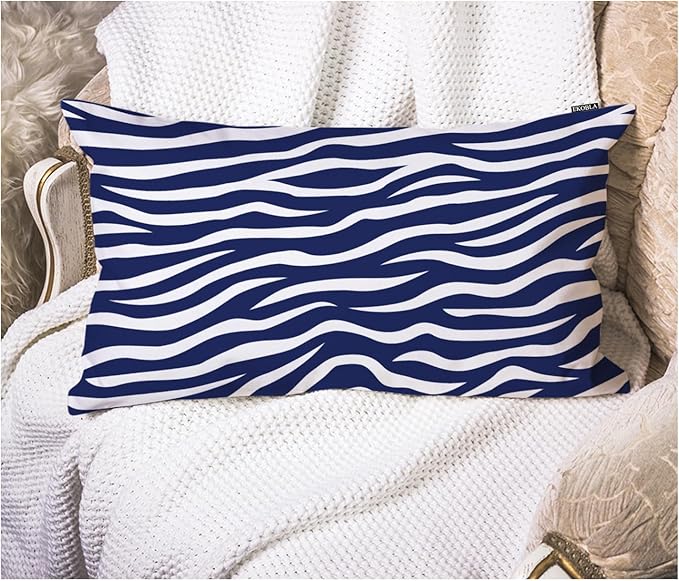 EKOBLA Zebra Stripe 12x20 Pillow Case Distressed Navy Blue White Animal Skin Print Wave Decorative Pillow Covers Cotton Linen Cushion Cover for Home Sofa Couch Decor 12x20 Inches