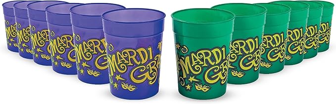 Fun Express Plastic Cups Reusable 12 Pack - Heavy Duty Mardi Gras Party Cups 11oz for Celebrations | Colorful Green Plastic Drinkware Set for Indoor & Outdoor Events | BPA-Free Bulk Party Essentials
