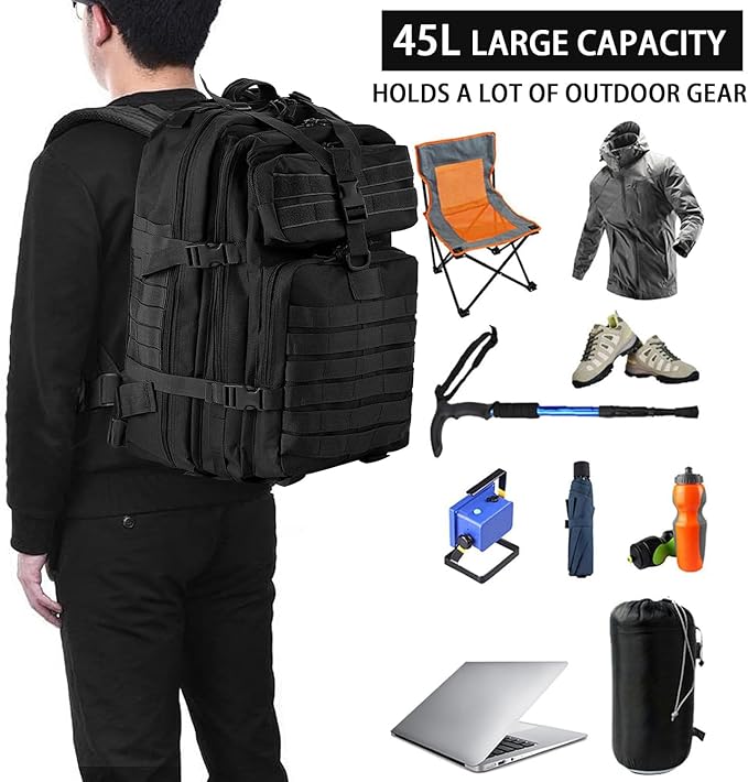 aiGear Tactical Backpack for Men, 45L Military Backpack, 3-Day Bug Out Bag for Camping Hiking Hunting with Molle System Army Daypack (45L Black)