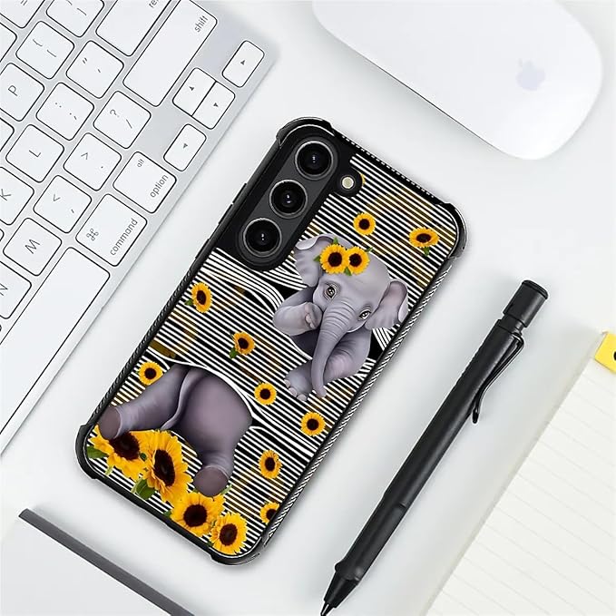 for Samsung Galaxy S23 Case, Cute Little Elephant Sunflower White Line Art Pattern Graphic Design Girl Boy Soft Silicone Hard Acrylic Shock Protection for Samsung Galaxy S23