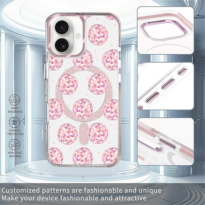 Case for iPhone 16 Plus,[Compatible with MagSafe],Disco Balls Pink Phone Case Design，for Women Girls Magnetic Clear Cover - Slim, Sleek, & Shockproof Protection