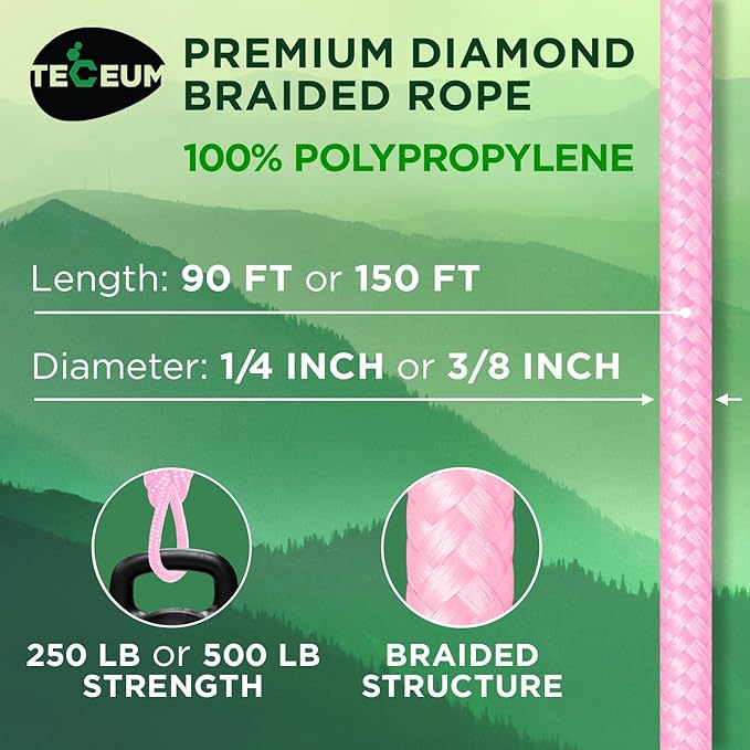 TECEUM Rope – 150 Feet x 1/4 Inch (7mm) – Pink – Strong All-Purpose Utility Rope – Camping, Crafting, Flag Pole, Indoor & Outdoor – Polypropylene Nylon Poly Lightweight Diamond Braided Cord