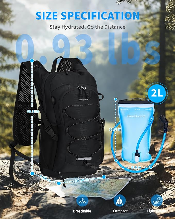Blue Quartz Hydration Backpack with 2L Water Bladder, 18L Hiking Backpack for Women Men, Lightweight Water Pack with Phone Pocket for Quick Access, Hydration Pack for Cycling, Running, Biking