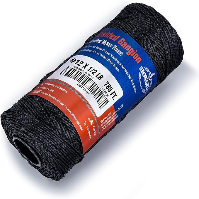 HONGDA Braided Tarred Bank Line Braided Nylon Twine, 789 Feet #12 Bank Line, Black Tarred String 1.2mm for Gardening, Construction, Gear Tying, Jungle Survival, Trotline