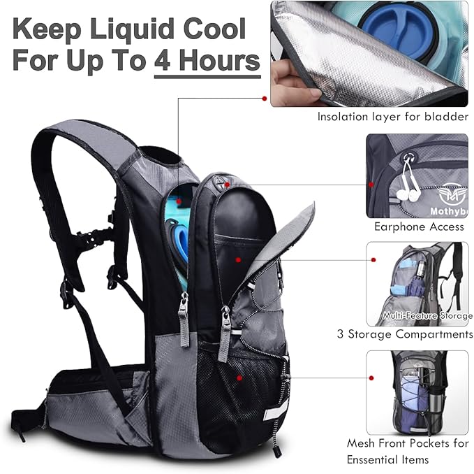 Mothybot Insulated Hydration Backpack Pack with 3L BPA Free Leak Proof Water Bladder, Large Storage Lightweight Hiking Daypack with Waist Pouches & Cooler Layer, for Running, Biking, Camping, Festival
