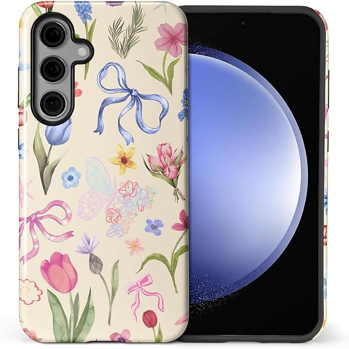for Samsung Galaxy S24 Case,HL2 Aesthetic Flower Preppy Collage Hybrid 2 Layer Hard Shell Silicone Protective Pattern Design Case