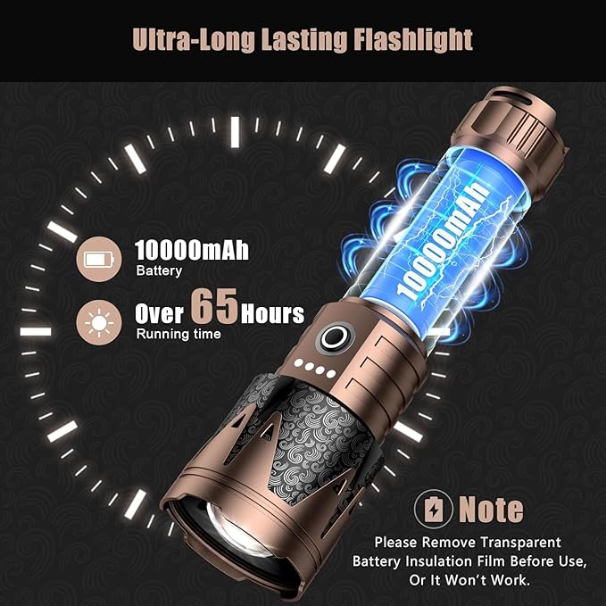 SKYFIRE Rechargeable Tactical Flashlight with Ignition Lens,10000 Super Bright LED Flashlights High Lumens,Zoomable 6Modes Waterproof Camping Survival Gear for Outdoor Emergency,Fire Starter-Gift Box