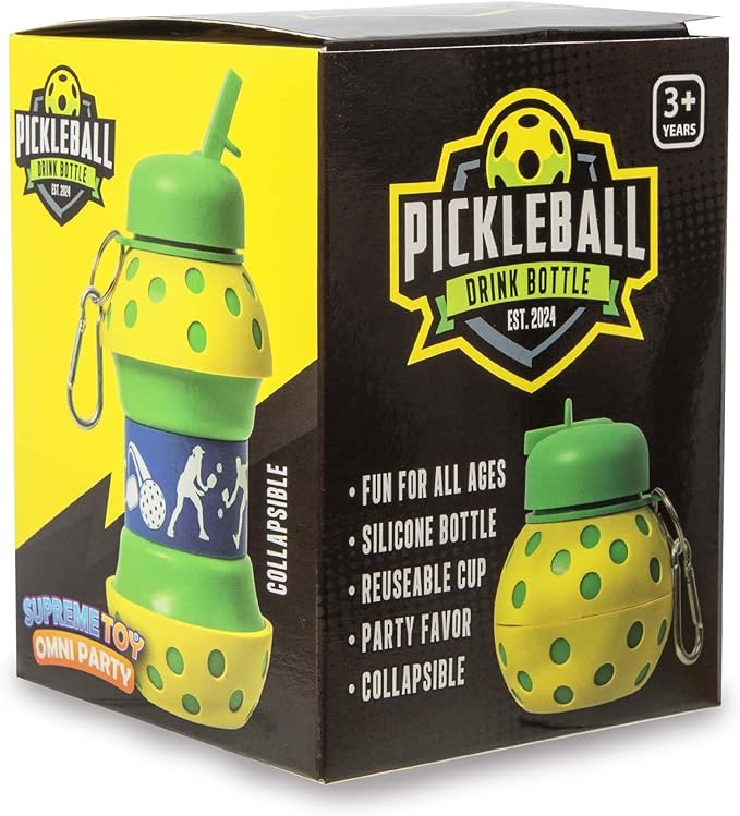 Windy City Novelties Collapsible Pickleball Silicone Water Bottle – 16 oz Portable Sports Bottle with Clip for Pickleball Players