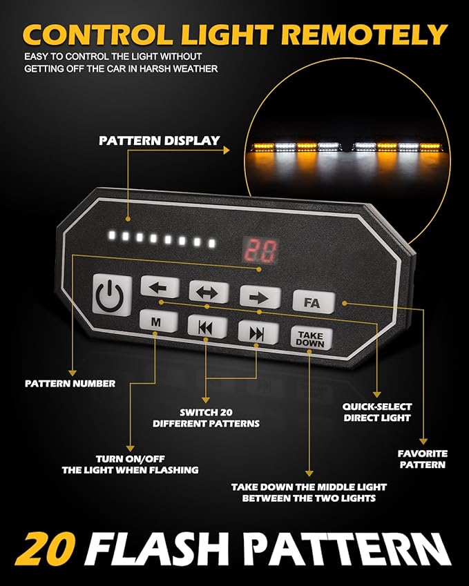 HLauto 604N Emergency Dash Strobe Lights: 2x16.8 inch Amber White Security Light w/Take Down, 48 LED Safety Flashing Warning Hazard Interior Windshield Light Bar for Truck Vehicle