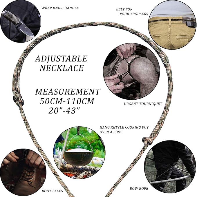 BSGB Fire Starter Paracord Necklace EDC Military Survival Gear Tinder Cord Fire Steel and Striker Kit Magnesium Ferro Rod Tool Fishing Tools for Emergency Outdoor Hiking Camping Hunting
