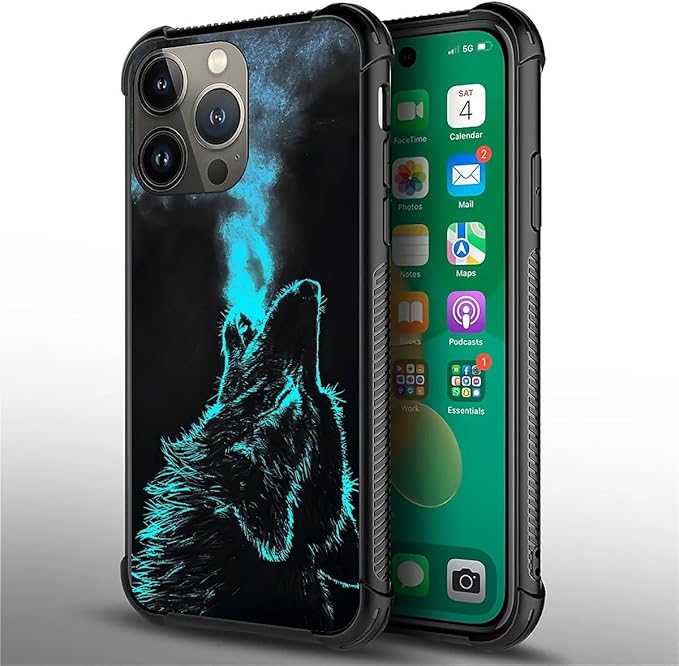 for iPhone 14 Pro Max Case, Blue Breathing Wolf Pattern Graphic Design Girl Boy Soft Silicone Hard Acrylic Shock Protection for iPhone 14 Pro Max