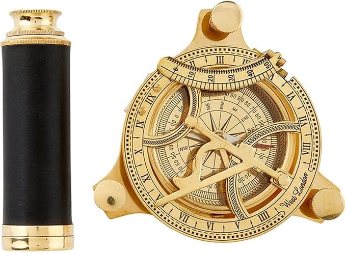 Explorer's Legacy Vintage Brass Compass and Telescope Set - Handheld Navigation Tool in Beachwood and Glass Storage Box