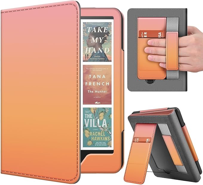TNP Stand Case for Kindle Paperwhite 12th Generation 2024 / Kindle Colorsoft Signature Edition with Hand Strap & Card Slot - 7" PU Leather Protective Folio Cover with Auto Wake/Sleep, Pink Orange