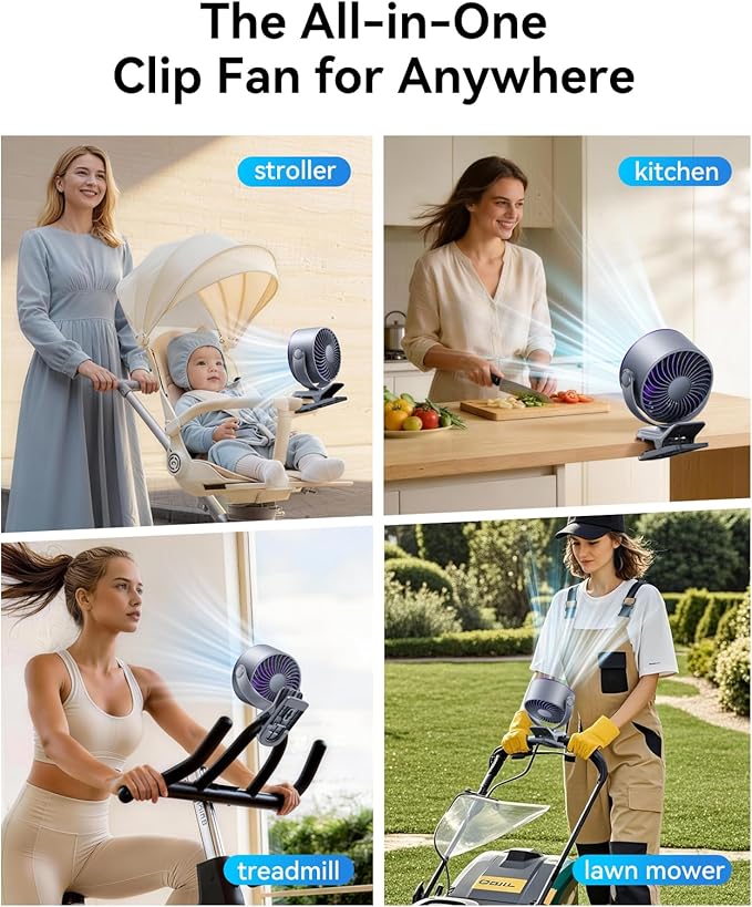KIMMOO Portable Clip on Fan, 100-Speed Rechargeable USB Fan with LED Display, 360° Rotation & Strong Airflow Desk Fan, Up to 17 Hours Small Battery Fan for Outdoor Travel Camping Treadmill Car (Grey)