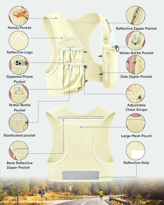 Zelvot Running Vest for Women Men, USA Original Patent, Adjustable Chest Straps Running Hydration Vest with 500ml Soft Flask, Lightweight Reflective Hydration Backpack for Marathon
