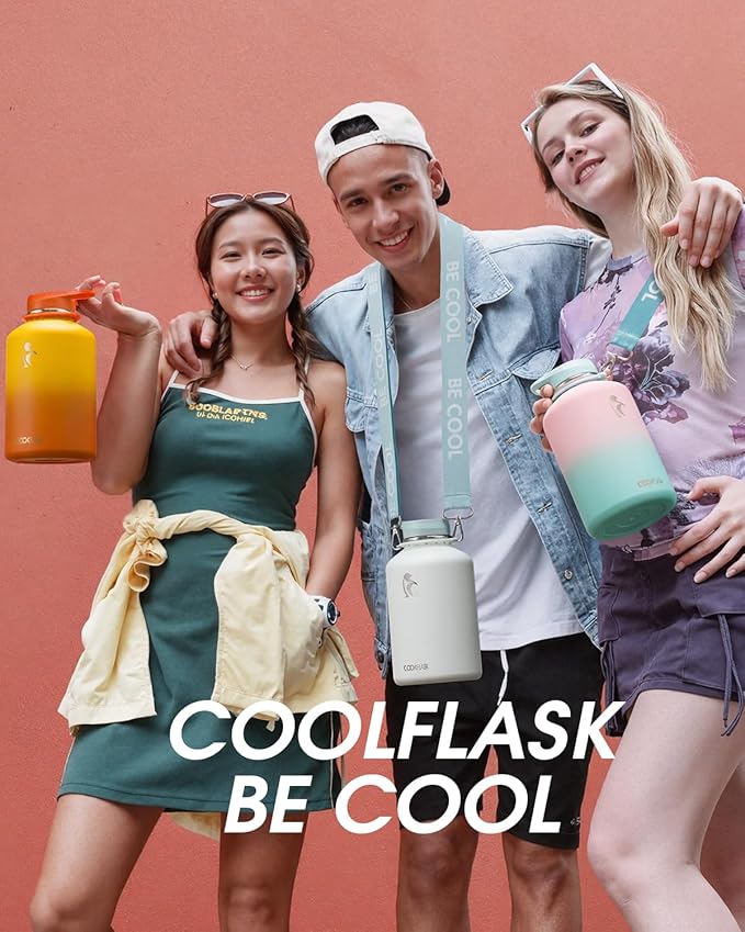 Coolflask Water Bottle with Straw, 32 oz Insulated Metal Water Flask with Straw & Spout Lids, Stainless Steel Double Wall Vacuum, Keep Cold 48h Hot 24h, Leak Proof, BPA-Free, Glacier White