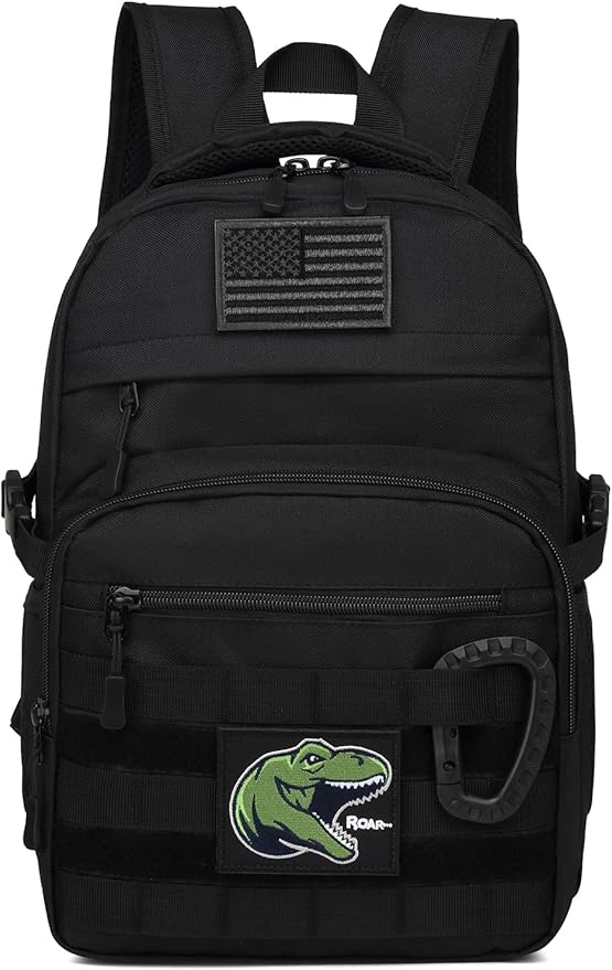 Kids Tactical Backpack Army Molle Bookbag Military Boys Backpack for School, Outdoor, Camping (Includes 2 Patches +1 Carabiner), Black