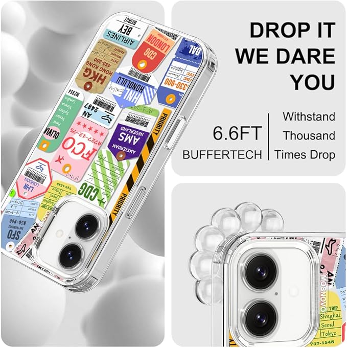 MOSNOVO for iPhone 17 Case | Military Grade 6.6ft Drop Tested | Camera Control | Clear with Air Ticket Labels Design
