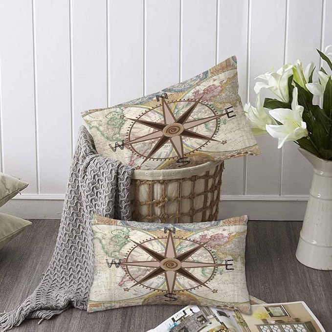 Nautical Compass Throw Pillow Covers 12 X 20 Historical World Map Earth Exploration Vintage Set of 2 Pillow Cases Velvet Outdoor Pillowcases Decorative for Home Bed Sofa Couch Hotel