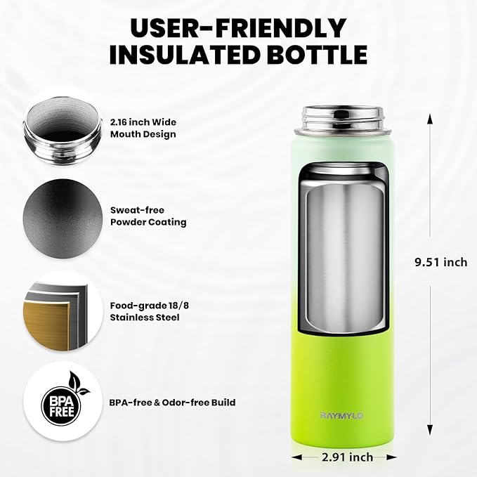 RAYMYLO Insulated Water Bottle 20 oz, Triple Wall Vacuum Stainless Steel (Cold for 24Hrs, Hot for 12Hrs), Leak Proof & Non-BPA, Kids Water Bottle Jug for School with Straw Spout Lids