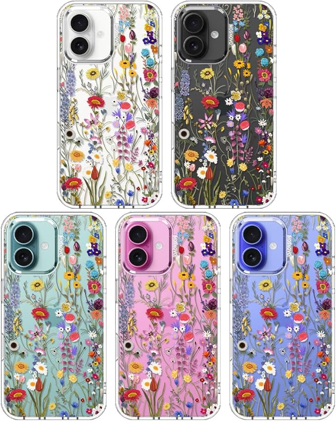 MOSNOVO Case for iPhone 16, [Buffertech 6.6ft Military-Grade Drop Protection] [Anti Peel Off Tech] Clear TPU Bumper Phone Case Cover Design - Wildflower Meadow