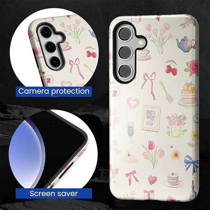 for Samsung Galaxy S24 Case,HL2 Aesthetic Bow Preppy Collage Hybrid 2 Layer Hard Shell Silicone Protective Pattern Design Case