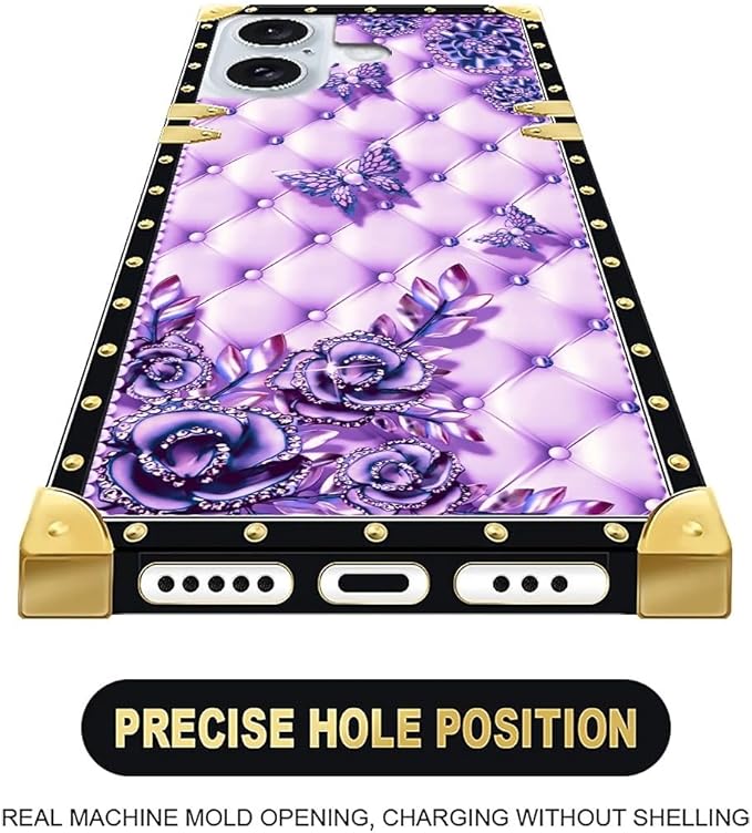 Compatible with iPhone 16 Case, Purple Butterfly Flowers Leaf Luxury Golden Decoration for Girl Women Soft TPU Shockproof Protective Hard PC Back