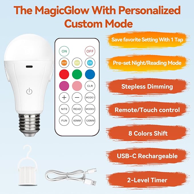 Neporal MagicGlow Rechargeable Light Bulbs with Remote, 3 Colors Shift + Dimmable Battery Powered Light Bulbs, USB Rechargeable, A19 Emergency LED Bulbs, 15W (2, Rgb-3000-4000-6000k)